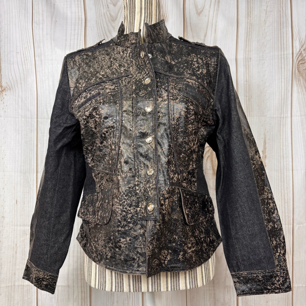 H&D Classic Distressed Leather Denim Moto Jacket Snaps Dressy Casual Biker Large